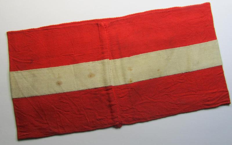 Attractive - and nowadays scarcely found! - 'standard'- (ie. entirely woven) pattern, bright-red-coloured HJ- (ie. 'Hitlerjugend'-) related armband (ie. 'Armbinde') being a moderately worn- ie. used example that regrettably misses its 'RzM'-e...