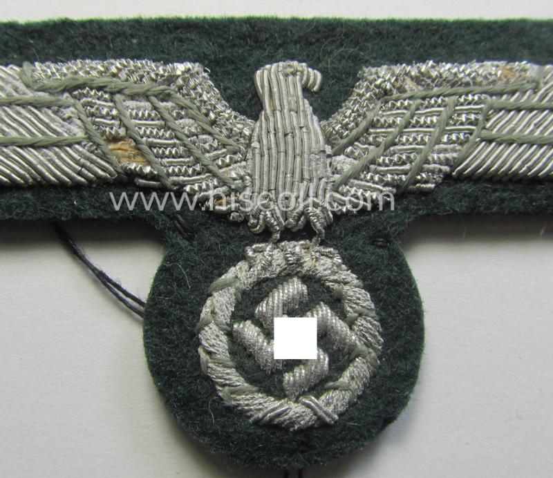 Attractive - and just moderately used! - WH (Heeres) officers'-type, hand-embroidered breast-eagle (ie. 'Brustadler für Offiziere') as was executed in bright-silverish-coloured braid as was intended for usage on the various officers'-pattern tuni...