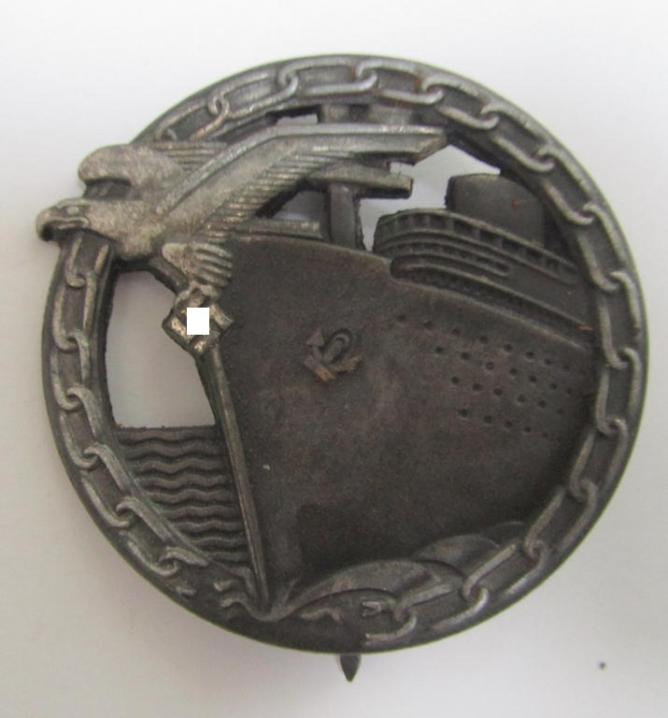 Attractive - and matching! - set comprising of a WH (KM) 'Blockadebrecher-Kriegsabzeichen' being a maker- (ie. 'Schwerin'-) marked example that comes together with its accompanying 'Halbminiatur', both pieces as executed in multi-coloured 'Feinzink'