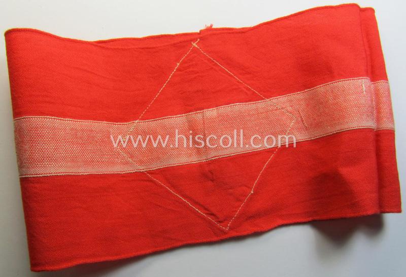 Attractive - and scarcely found! - 'standard-issued'- (ie. entirely woven) pattern, bright-red-coloured HJ- (ie. 'Hitlerjugend'-) related armband (ie. 'Armbinde') being a moderately used example that is void of an 'RzM'-etiket