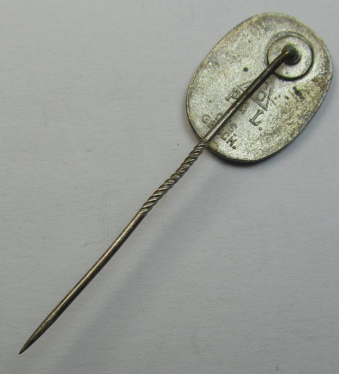 Neat, multi-coloured-enamelled lapel-pin (aka: 'RAD-Erinnerungsnadel') being a neatly maker- (ie. 'P.& L.'-) marked example that shows a: 'Ges.Gesch.'-marking as was intended for the: 'Reichsarbeitsdienst der Männer (RAD/M)'