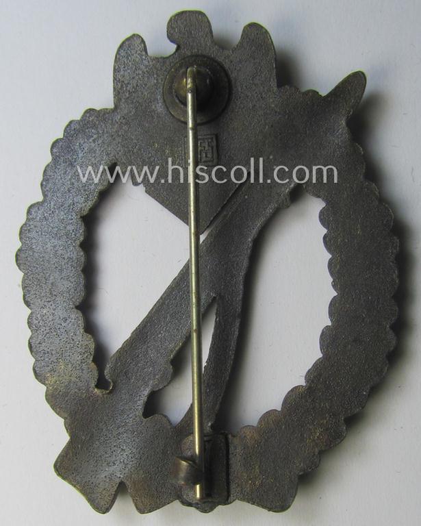 'Infanterie Sturmabzeichen in Bronze' being a maker- (ie. 'JFS'-) marked, 'solid-back' example by the desirable maker: 'Josef Feix u. Söhne' as was executed in golden-bronze-coloured, zinc-based metal
