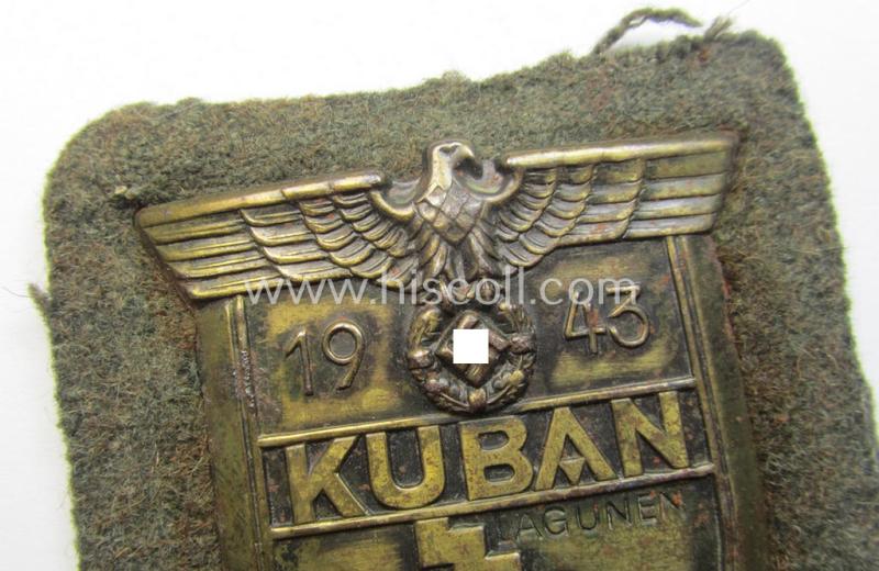 Very attractive - and actually scarcely encountered! - WH (Heeres ie. Waffen-SS) 'Kuban'-campaign-shield that comes mounted onto its original field-grey-coloured- and/or woolen-based 'backing' as issued and/or used
