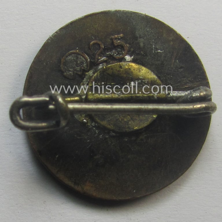 Unusually seen - smaller-sized- and darker-red-coloured! - 'N.S.D.A.P.'-membership-pin- ie. party-badge (or: 'Parteiabzeichen') being a maker- (ie. 'RzM 25'-) marked example (= 'Rudolf Rieling - Pforzheim')
