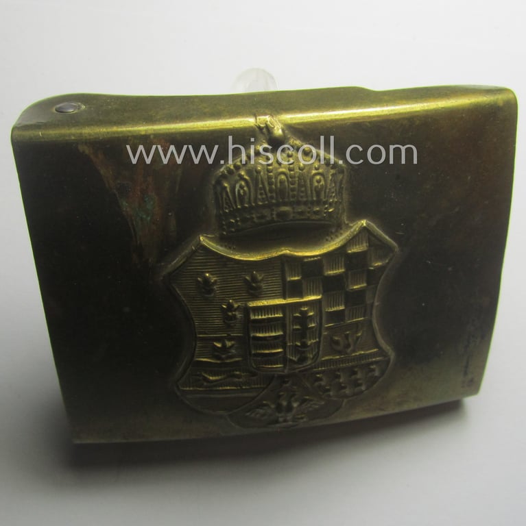Attractive example of a pre-WWI-war-period, so-called: 'königl. Ungarischer Honvéd', copper- (ie. 'messing'-) based belt-buckle being a typical 'M1892'-specimen