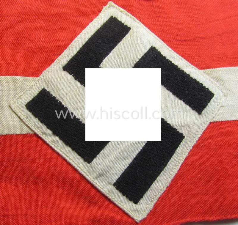 Attractive - and scarcely found! - 'standard-issued'- (ie. entirely woven) pattern, bright-red-coloured HJ- (ie. 'Hitlerjugend'-) related armband (ie. 'Armbinde') being a moderately used example that is void of an 'RzM'-etiket