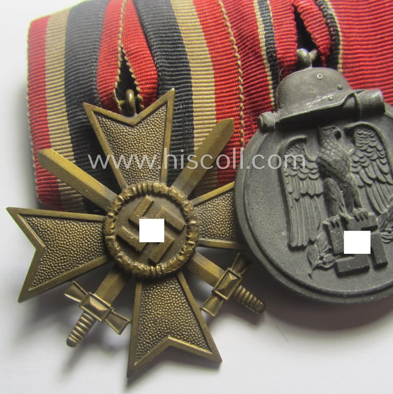 3-pieced WH (Heeres etc.) medal-bar (ie.: 'Ordenspange') showing resp. a: 'KvK II.Kl. mit Schwn.', an: 'Ost'-medal and a Czech 'Anschluss'-medal: '1. Oktober 1938'