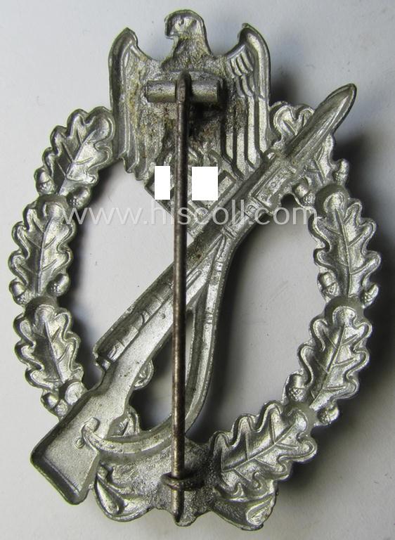 Neat 'Infanterie Sturmabzeichen in Silber', being an unmarked (and/or very converse- ie. vaulted-) 'hollow-back' example by the maker: 'Friedrich Linden' (ie. 'F.L.L.') as was executed in silver-coloured, zinc-based metal (ie. 'Feinzink')