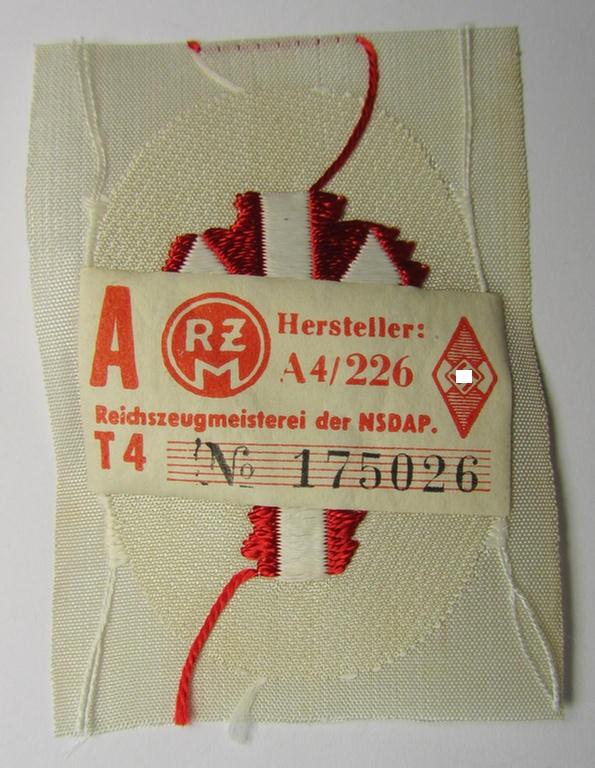 HJ/BDM (ie. 'Hitlerjugend'/'Bund Deutscher Mädel') trade- or specialist armbadge as executed in neat 'BeVo'-weave pattern, as was intended for usage by a: 'Feldscher' (or: medical orderly) still retaining its 'RzM'-etiket