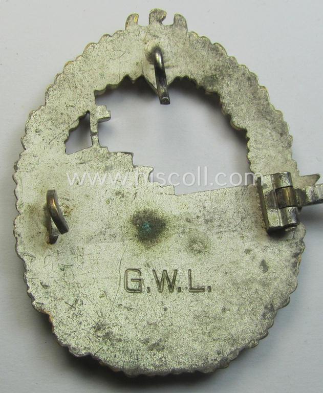 WH (Kriegsmarine) 'Zerstörerkriegsabzeichen' being a maker-marked example as executed in 'Buntmetall' (ie. 'Tombak') as was produced by the desirable maker (ie. 'Hersteller'): 'GWL' (ie. 'Gebr. Wegerhoff')