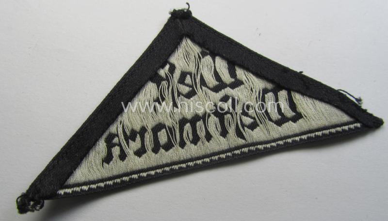 Neat, HJ/BDM ('Hitlerjugend' ie.: 'Bund Deutscher Mädel') district-triangle (ie. 'Gebietsdreieck') entitled: 'West Westmark' (being a truly used and/or worn example that misses its 'RzM'-etiket)