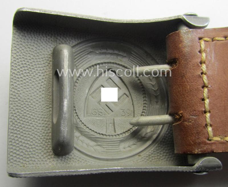 'Reichsarbeitsdienst'- (ie. RAD-) EM- (ie. NCO-) type belt-buckle being a maker- (ie. 'Gottlieb & Sohn'-) marked example which is dated: '1939' and that comes mounted onto its leather-based tab