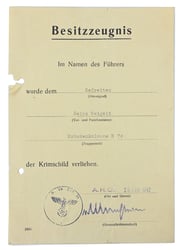German WH Krim Campaign Shield Certificate