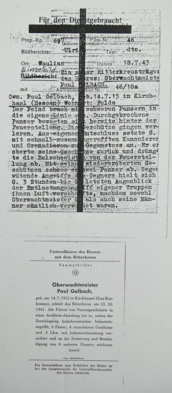 Signature of Wehrmacht Heer KC Recipient 'Paul Golbach'