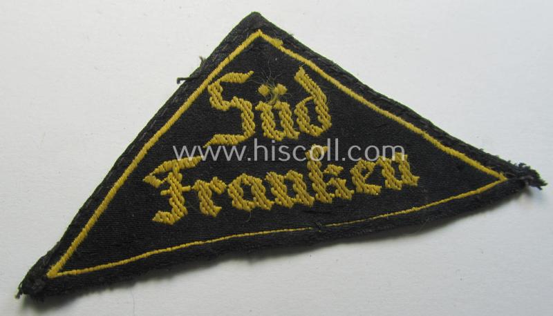 'HJ' ('Hitlerjugend') district-triangle (ie. 'Gebietsdreieck') entitled: 'Süd Franken' (being a clearly used- ie worn example that regrettably misses its 'RzM'-etiket)