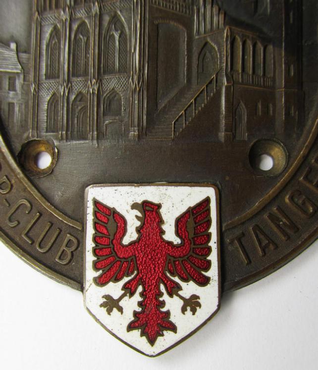 Commemorative, bronze-toned A.D.A.C.-related car-plaque (ie. 'Erinnerungs- o. nichttragbare Fahrzeug-Medaille des A.D.A.C.') showing two enamelled shields and text: 'Zielfahrt Gau IIb - Motor-Sp.-Club Tangermünde - 29.6.1930'