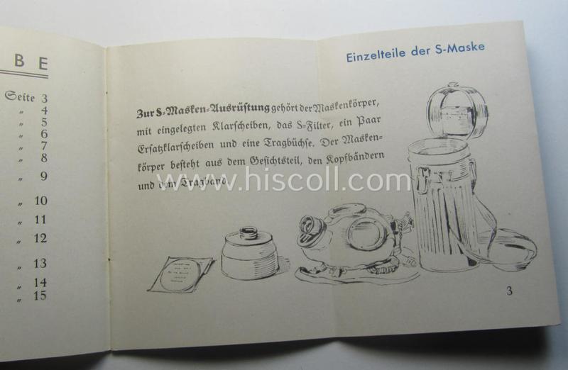 Neat - and actually scarcely encountered! - example of the 16-paged- and/or small-sized booklet on the German 'standard'-issued 'Wehrmacht' gasmask ('Model S'), entitled: 'Die S-Maske'