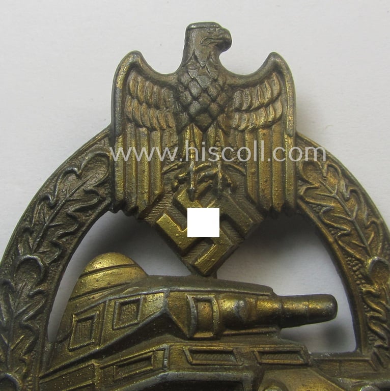 Superb, 'Panzerkampfabzeichen in Bronze' (or: bronze-class panzer-assault badge or PAB) being a clearly maker- (ie. 'AS' in a triangle-) marked- and/or typical zinc- (ie. 'Feinzink'-) based specimen as was procuced by a to date unknown maker