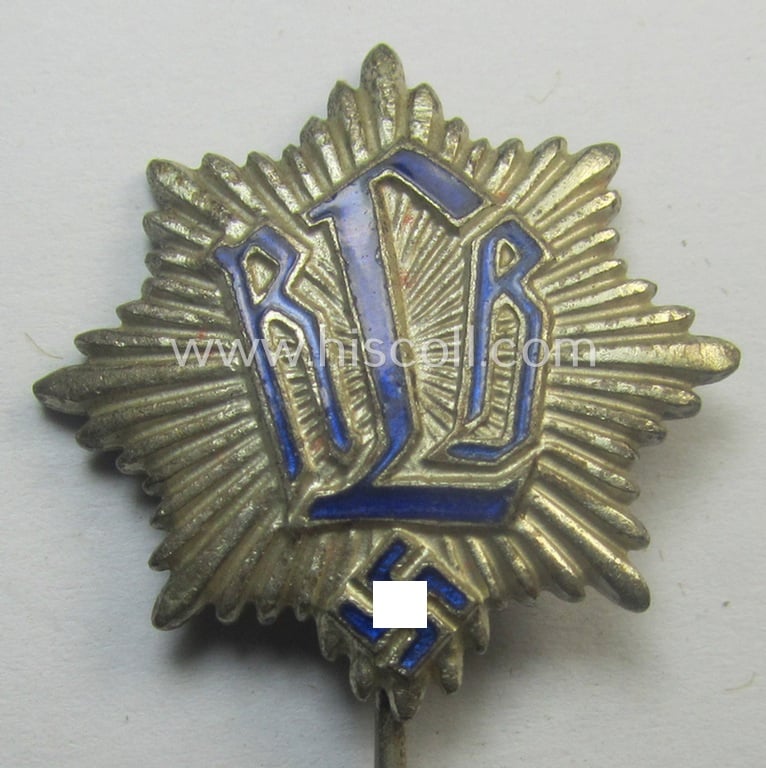 Semi-enamelled, RLB- (ie. 'Reichluftschützbund') 'Zivilabzeichen' or: civil-attire badge (of the first pattern) that is bearing a maker- (ie. 'Enders Oberrahmede') and/or patent-pending- (ie. 'Ges.Gesch.'-) marking