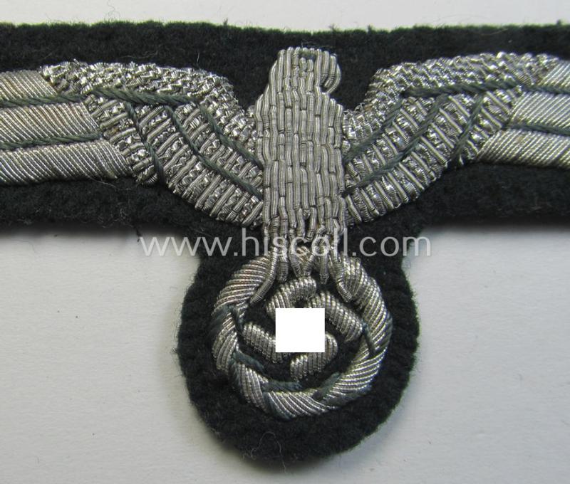 Attractive - and just moderately used! - WH (Heeres) officers'-type, hand-embroidered breast-eagle (ie. 'Brustadler für Offiziere') as was executed in bright-silverish-coloured braid as was intended for usage on the various officers'-pattern tuni...