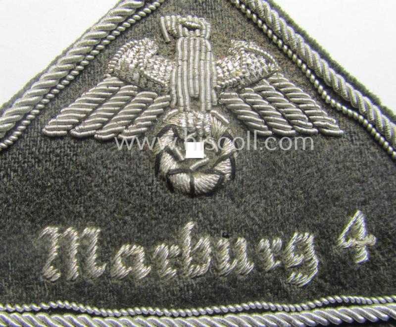 German Red Cross (ie. 'Deutsches Rotes Kreuz' or 'DRK') greyish-coloured- and/or triangular-shaped and neatly hand-embroidered (ie. typically officers'-pattern!) arm-eagle entitled: 'Marburg 4'