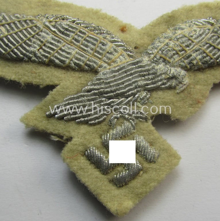 Attractive - and scarcely seen! - WH (Luftwaffe) officers'-type visor-cap eagle being a hand-embroidered example as was specifically used for the white-topped, LW officer-type visor-caps (ie. 'Offz.-Sommer-Schirmmützen')