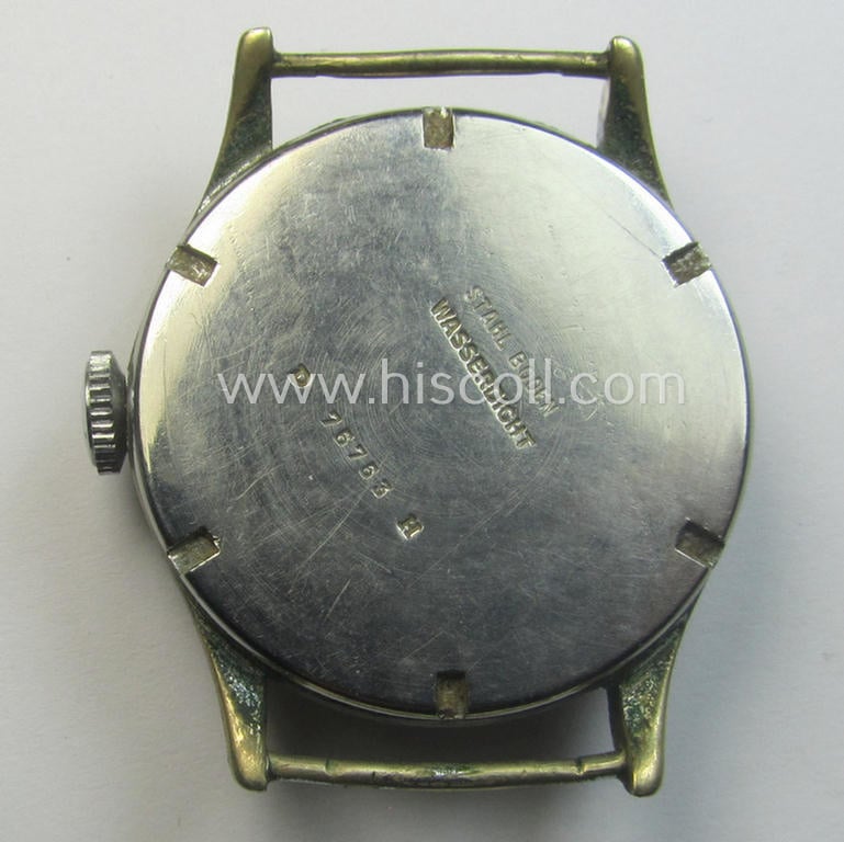 Neat - and scarcely encountered! - WH (Heeres, LW etc.) WWII-period wrist-watch (or: 'Dienstuhr') of the make: 'Glycine' having an engraved number: 'D76763H' on its back (and that comes in a functional- ie. running condition)