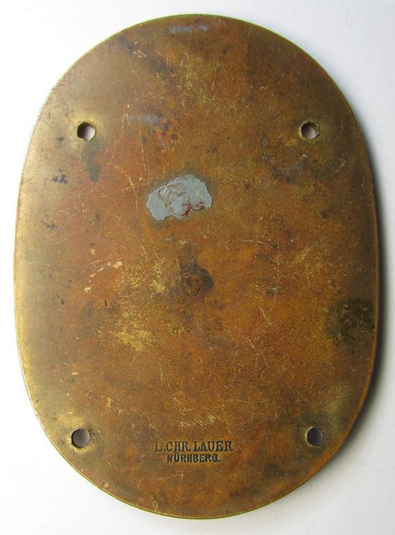 Superb, commemorative N.S.K.K.-related car-plaque (ie. 'Erinnerungs- o. nichttragbare Kraftwagenplakette') showing a car and motorcycle- and/or N.S.K.K.-device and text: 'Zielfahrt Grenzlandkundgebung - Karlsruhe i.b. 1933'