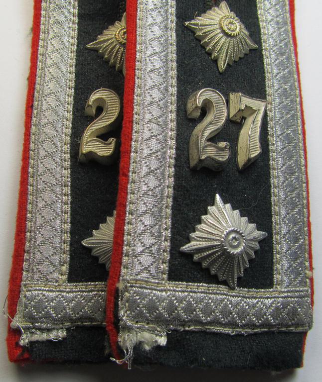 Attractive - and matching! - pair of 'cyphered' WH (Heeres) early-war-period- (ie. 'M36'- ie. 'M40'-pattern, 'standard-issued'- and/or rounded-styled) NCO-type shoulderstraps as was intended for an: 'Oberwachtmeister des Artillerie-Rgts. 27...