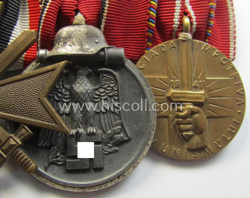 Superb, 3-pieced WWII-period medal-bar (ie. 'Ordenspange') showing respectively a: 'KvK II.Kl. mit Schwertern', an: 'Ost'-medal and a WWII-period, Romanian medal: 'Kreuzzug gegen den Kommunismus'