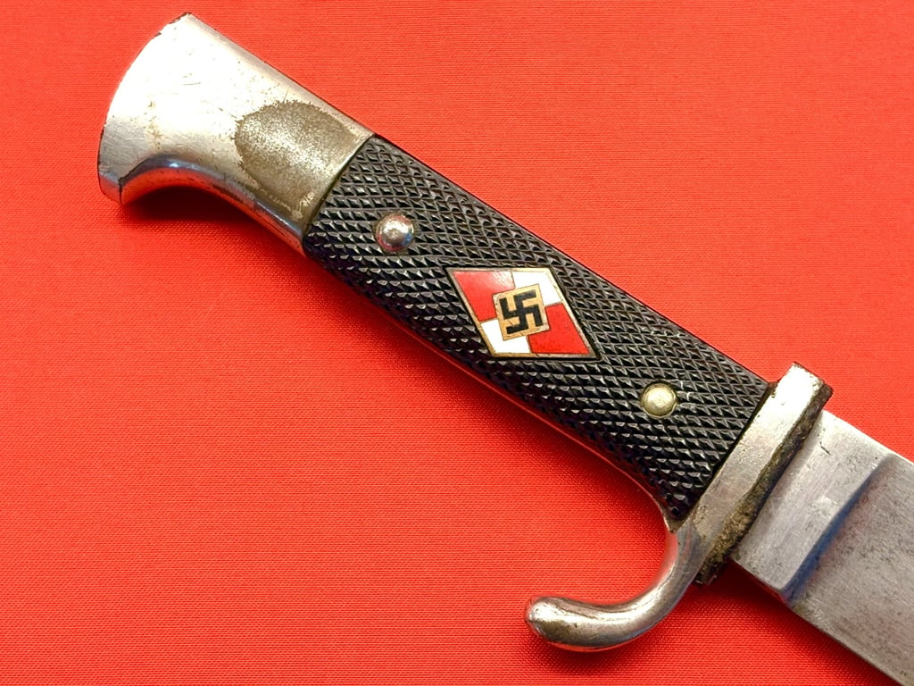 WW2 GERMAN HITLER YOUTH KNIFE RZM STAMPED M7/60 FOR RARE MAKER GUSTAV L. KOLLER NACHFOLGER WITH THE UNSTIPPLED HJ EMBLEMED DIAMOND