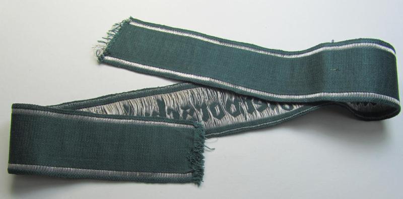 Superb example of an - actually scarcely encountered! - WH (Heeres) linnen-based cuff-title (ie. 'Ärmelstreifen') entitled: 'Unteroffiziervorschule' (as was executed in so-called: 'flat-wire'-style- ie. 'BeVo-weave'-pattern)