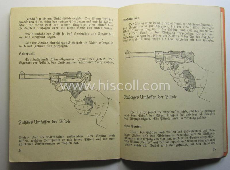 Attractive - and scarcely found! - smaller-sized, period WH-instruction-booklet entitled: 'Die Pistole 08 - Beschreibung und Handhabung' (or instruction- ie. training-manual for the P08 pistol) as was published by the: 'Heinz Denckler Verlag'