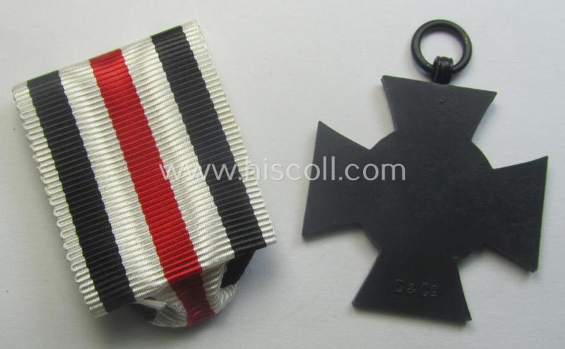 WWI-period: 'Ehrenkreuz für Witwen und Waisen 1914-18' being a nicely preserved and maker- (ie. 'D.&.Co.'-) marked example that came together with  its period (nicely folded) ribbon (ie. 'Bandabschnitt')