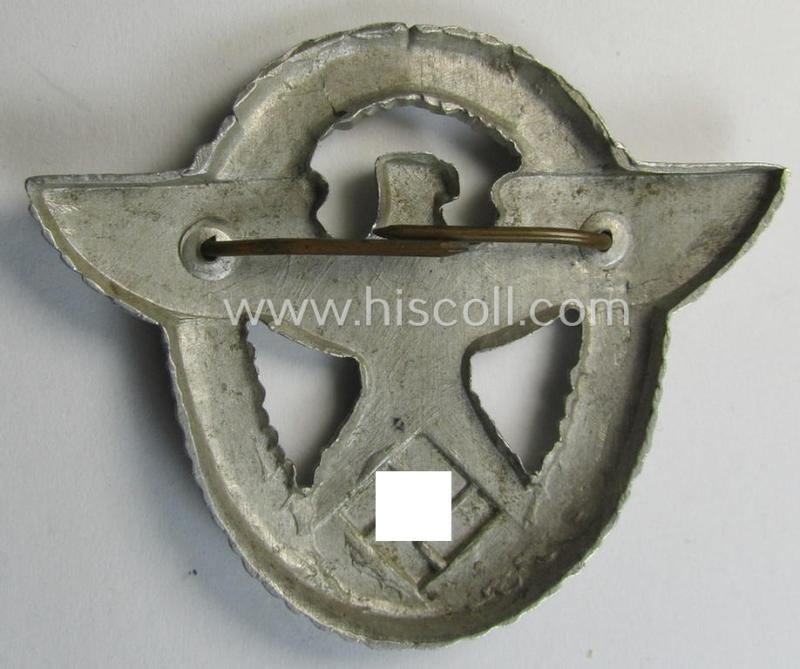 Attractive, 'standard-issue'-pattern - and typical aluminium-based - 'Polizei'- (ie. police) visor-cap eagle being a bright-silver-coloured- and non-maker-marked example as was intended for usage on the various 'Polizei' (ie. police) visor-caps