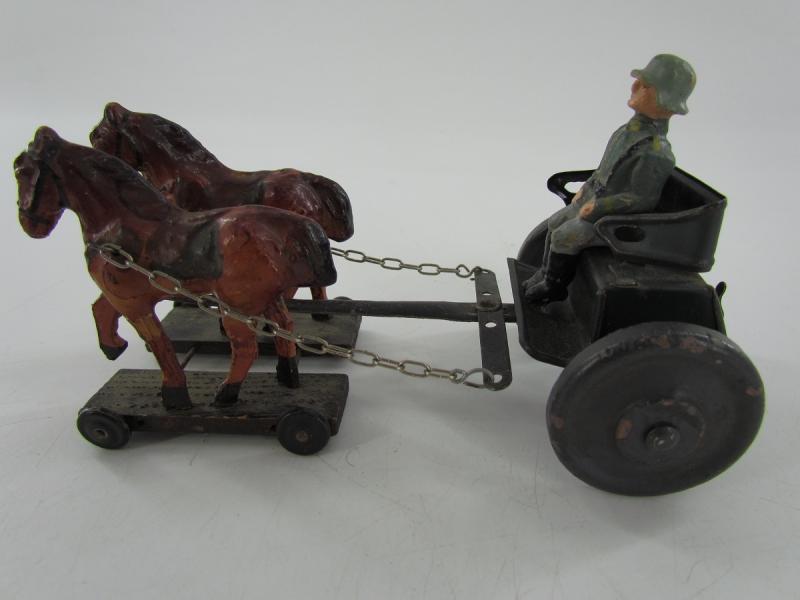Pre War German Composition 2 Horse Drawn Carriage With CannonToy