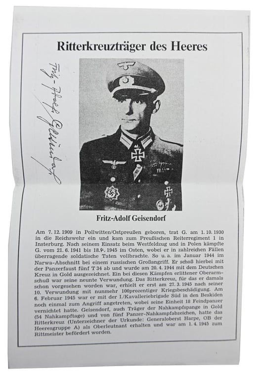 Signature of Wehrmacht Heer KC Recipient 'Fritz-Adolf Geisendorf'