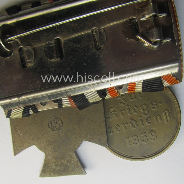 2-pieced, 'WWI'- (ie. TR-) related medal-bar (ie. 'Orden- o. Doppelspange') resp. depicting a: 'Kriegsverdienstmedaille 1939' and a WWI-period: 'FKK 1914-18 ohne Schwn.'