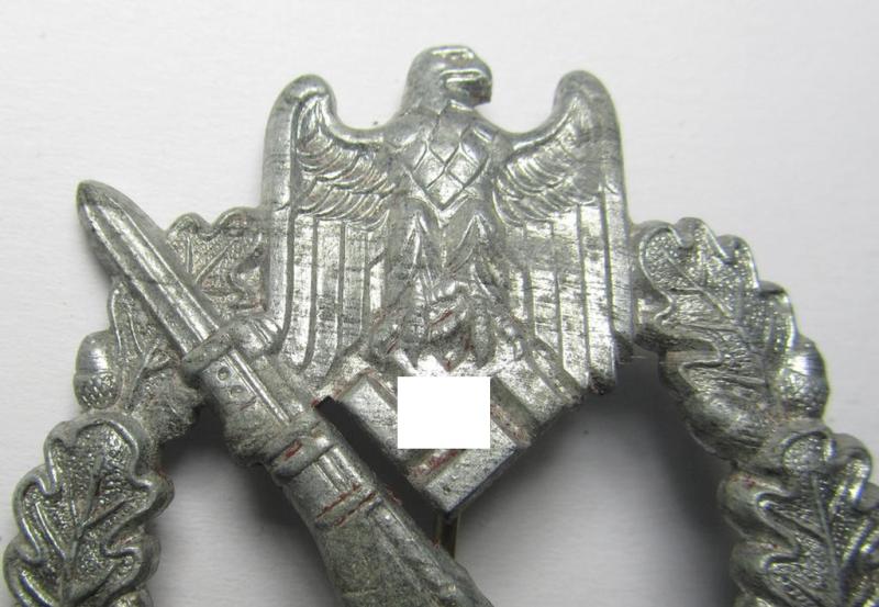 Attractive, silver-class 'Infanterie Sturmabzeichen in Silber' being an unmarked (so-called: 'pillow-crimped') example as was executed in silverish-coloured, zinc-based metal (ie. 'Feinzink')