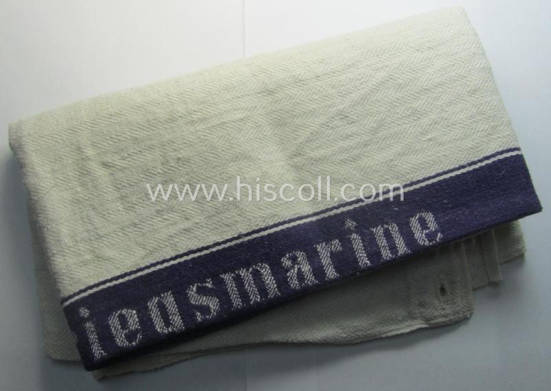 WH (Kriegsmarine) 'standard-type'- (ie. 'standard-issued'-) towel (ie. 'Handtuch') as was executed in 'roughly-styled' linnen-based cloth and bearing the interwoven text: 'Kriegsmarine'