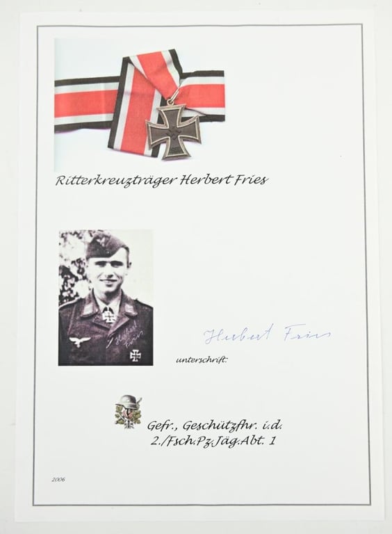 Signature of Luftwaffe Fallschirmjager KC Recipient 'Herbert Fries'
