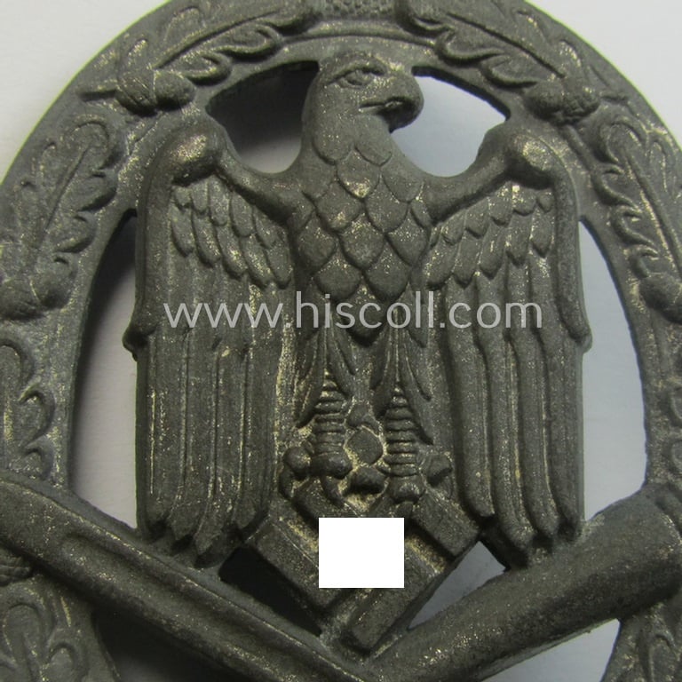 'Allgemeines Sturmabzeichen' (or: General Assault Badge ie. GAB) being a typical unmarked, zinc-based- (ie. 'Feinzink'-) and/or: 'flat-back'-version as was (I deem) produced by the: 'Rudolf Karneth'-company
