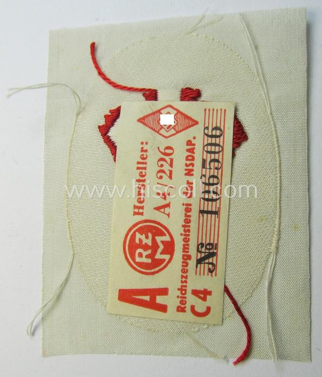 HJ/BDM (ie. 'Hitlerjugend'/'Bund Deutscher Mädel') trade- or specialist-armbadge as executed in neat 'BeVo'-weave pattern as was intended for usage by a: 'Feldscher' (or: medical orderly) still retaining its period 'RzM'-etiket