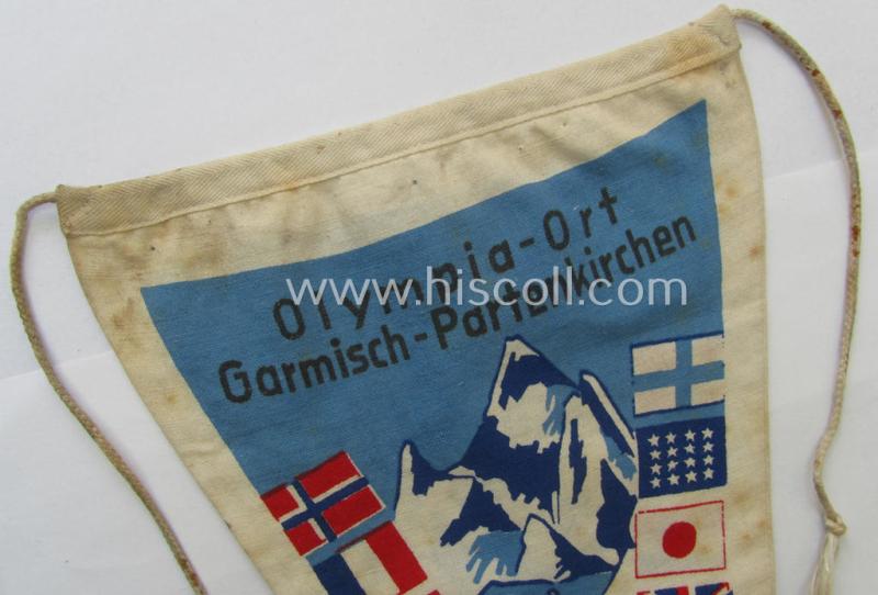 'Patriotic-styled'- and/or truly nicely executed! - multi-coloured, TR-period vehicle- ie. bicycle-flag (ie. 'Fahrrad-Fahne') depicting various national flags and text: 'Olympia-Ort - Garmisch-Partenkirchen'