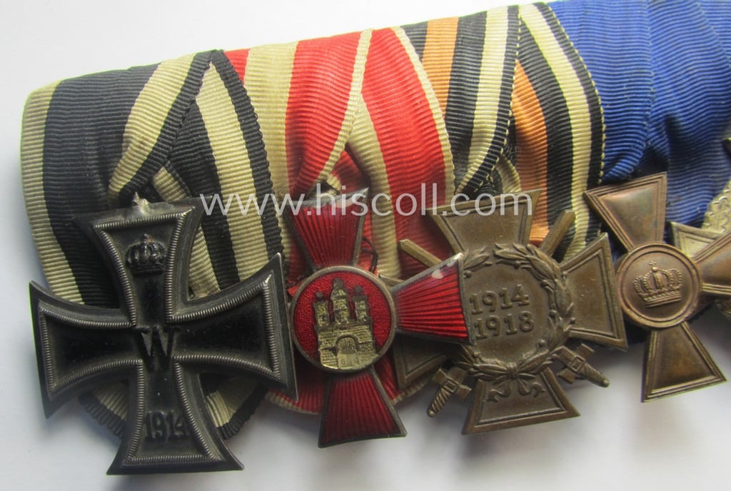 Superb, 8-pieced WWI- (ie. TR-) related medal-bar (ie. 'Ordenspange') depicting an: 'EKII.Kl., an: 'Hanseatenkreuz 1914', an: 'FKK 1914-18 mit S.', a: 'TD-Ez. der 2. Kl.', a: 'Zollgrenzschütz-Ez.' and two Austrian WWI-period comm. medals