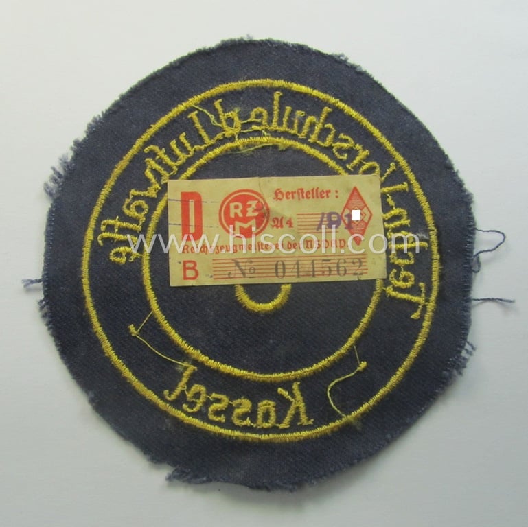 HJ- (ie. 'Flieger-HJ') specialist-armbadge (or: 'Schulabzeichen') depicting the text: 'Techn. Vorschule d. Luftwaffe - 3 - Kassel' (still retaining its 'RzM'-etiket)