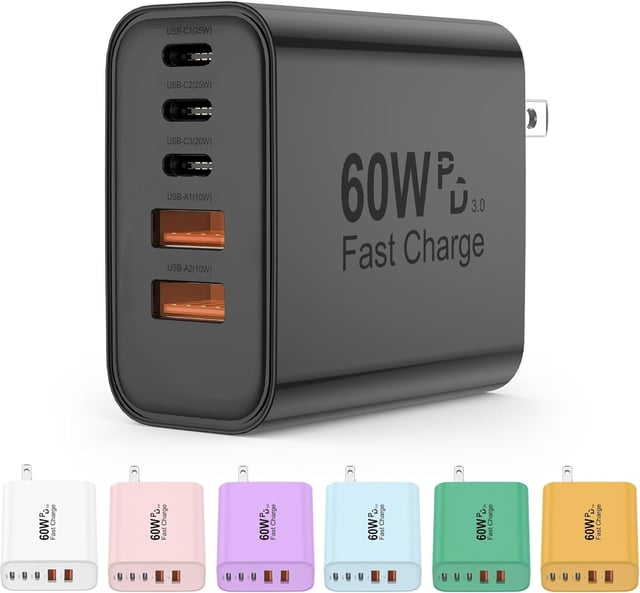 USB C Charger Block, 60W 5 in 1 Charging Blocks, PD 3.0 Fast Charger, QC 2A Black Wall Plug Multiport Type C Charging Block for iPhone 17 16 15 14 13 12 Pro Max, iPad, iPod, Samsung, AirPods Pro