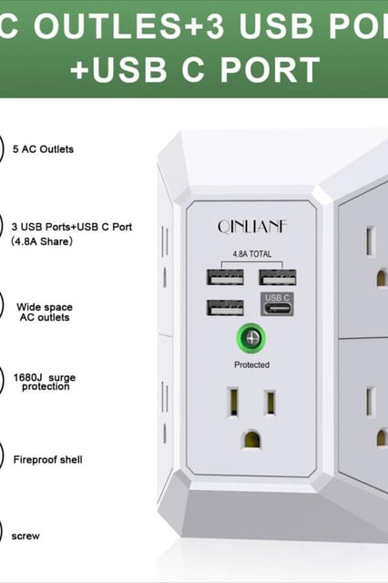 USB Wall Charger, Surge Protector, QINLIANF 5 Outlet Extender with 4 USB Charging Ports(2U2C) 3-Sided 1680J Power Strip Multi Plug Outlets Wall Adapter Spaced for Home Travel Office,Black - product photo 4 of 5