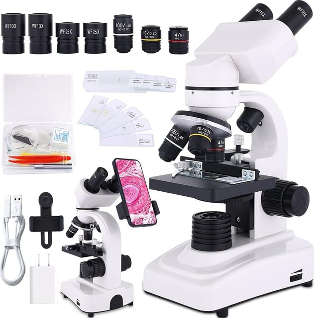 Microscope for Adults & Kids,40-2500X Binocular Microscope for School Lab & Home Schooling,with Mechanical Stages,Slides Set & Phone Holder - product photo 2 of 5