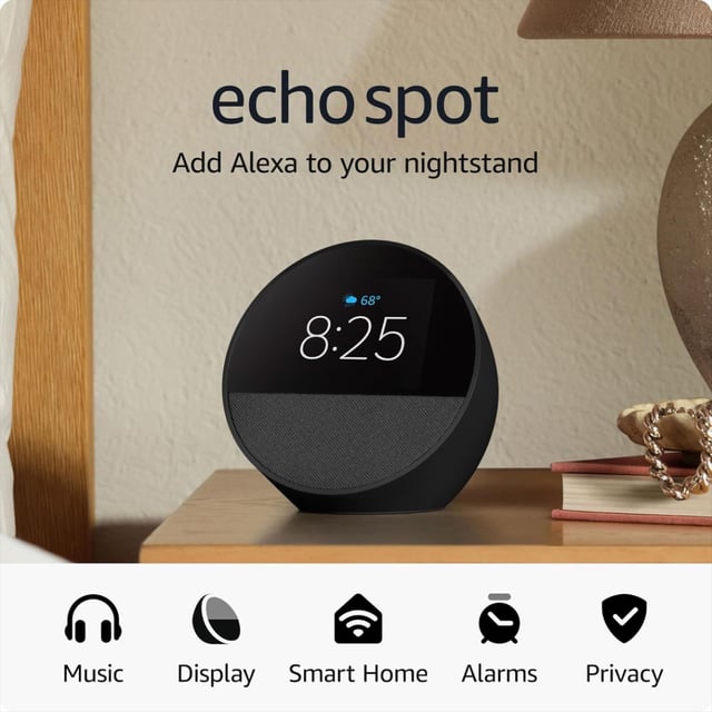 Amazon Echo Spot (newest model), Great for nightstands, offices and kitchens, Smart alarm clock, Designed for Alexa+, Black - product photo 4 of 5
